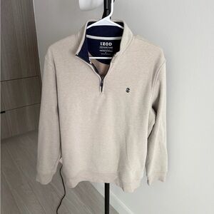 Izod Men's Beige Half-Zip Pullover with Navy Trim